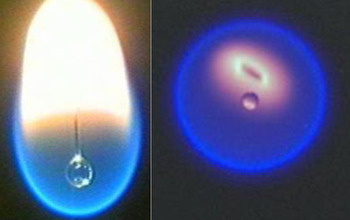 Flame with tear-drop shape on Earth and round shape in microgravity